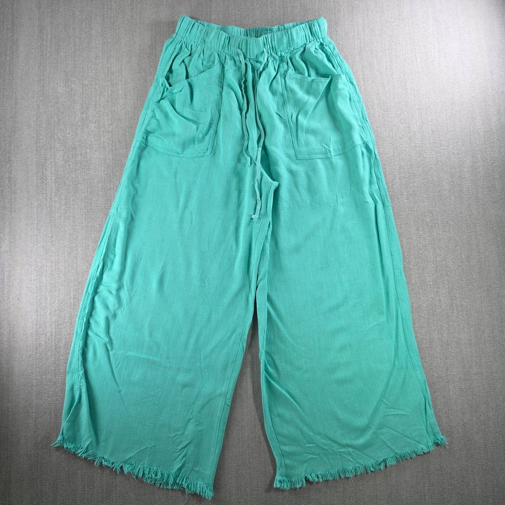 Gigio USA Wide Leg Pants Women Size S Teal Linen Cotton Frayed Hem TE1045